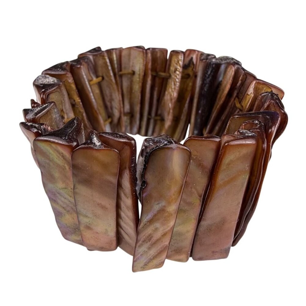 Mother-Of-Pearl Elastic Brown Wide Bracelet Striated Finish Stretchable Jewelry